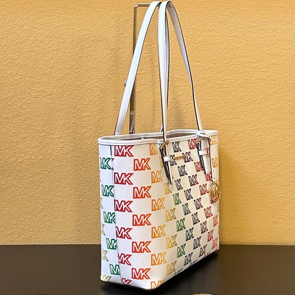 Michael Kors Jet Set Travel Medium Carryall Shoulder Tote Bag MK Rainbow White - Picture 5 of 13